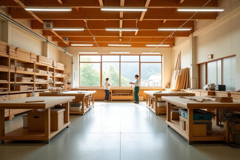 Interior view of Komorebi Mokkou's clean and organized woodworking workshop.
