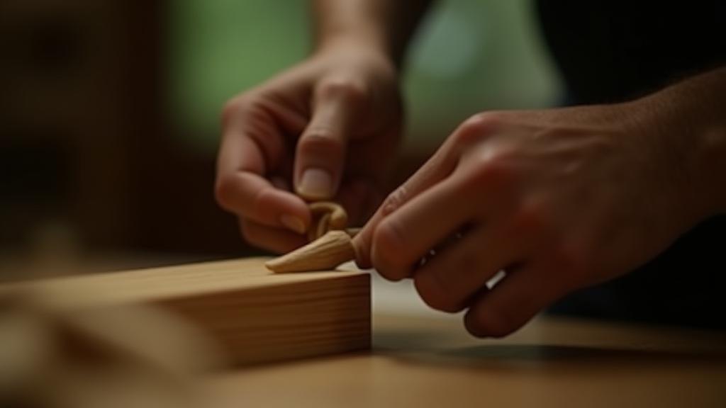 Close-up of a master craftsman's hands working on a wooden joint.