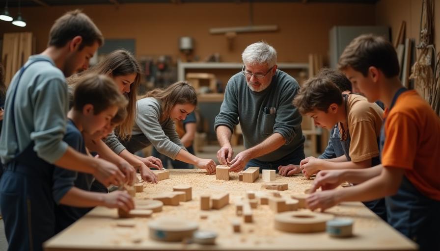Students learning woodworking from a master craftsman in a workshop setting.